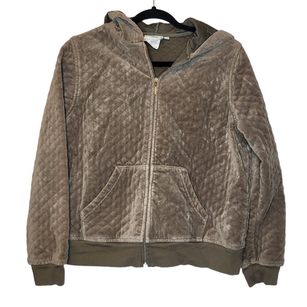 Hot Cotton Brown quilted velour full zip hooded jacket sz Medium